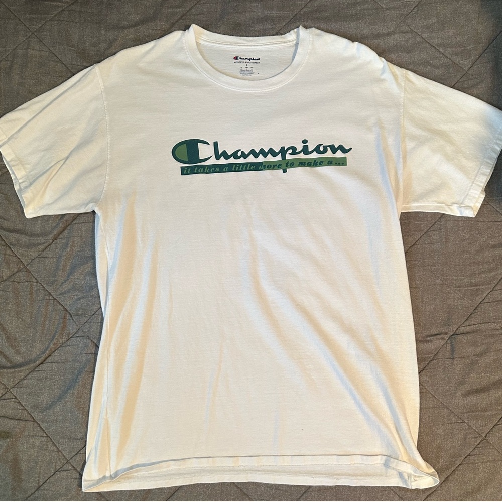 Large, white Champion t-shirt